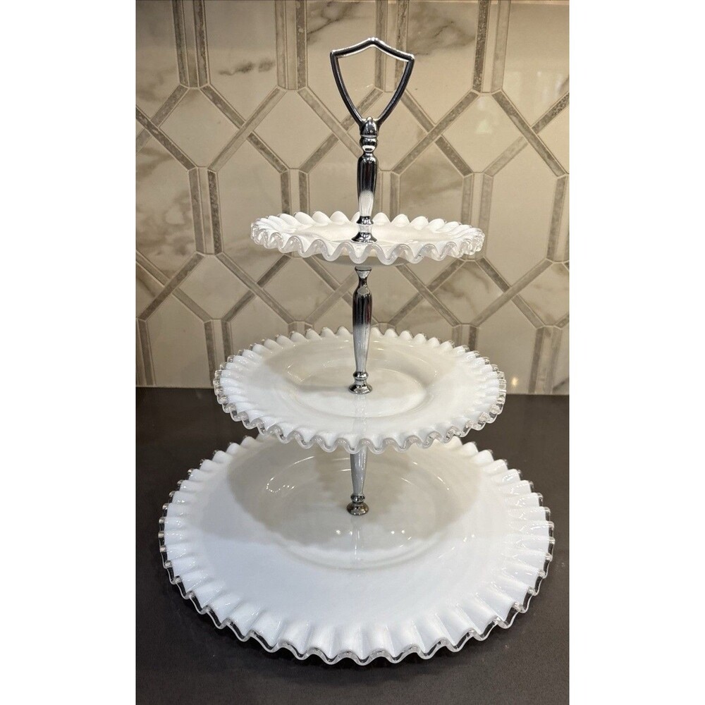 Fenton Silver Crest Milk Glass 3-Tier Tidbit Tray Crimped Piecrust Large Vintage